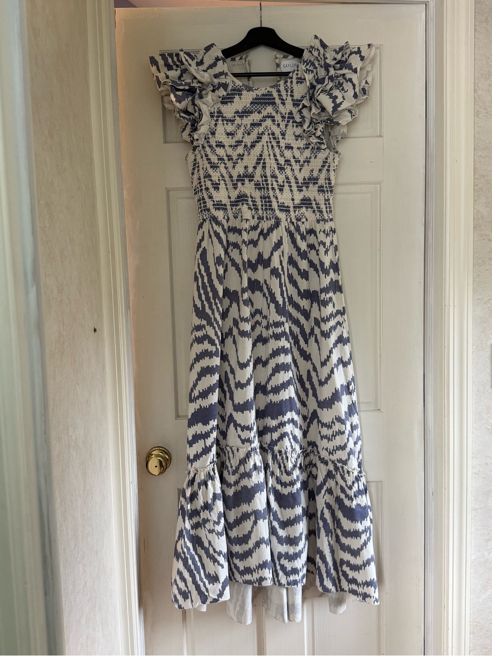 SAYLOR Navy and White Smocked Maxi Dress with Ruffle Sleeves